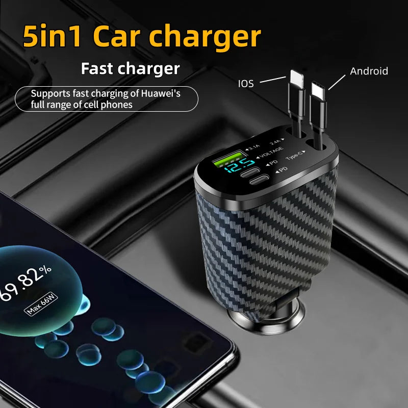 Car Charger 5 in 1 phone and Type c  Car Charger Adapter USB  Car Charger with Retractable Cables