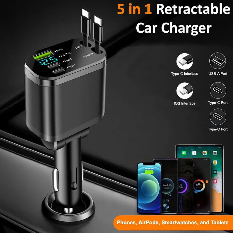 Car Charger 5 in 1 phone and Type c  Car Charger Adapter USB  Car Charger with Retractable Cables